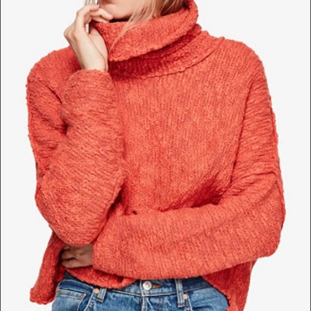 Free People Big Easy Cowlneck Sweater, Coral, Womens Small Oversized